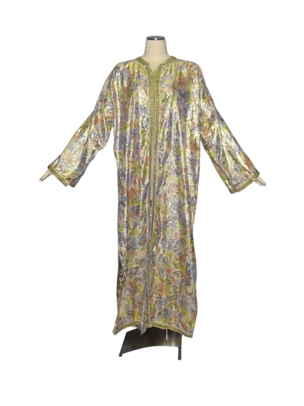 Vintage Moroccan Caftan Maxi Dress Metallic Fabric Swirling Design Open Sides XL
